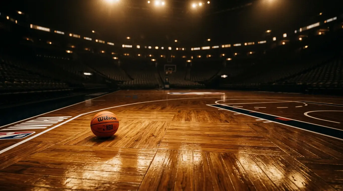 Parqué iluminado de una cancha NBA con datos de cuotas superpuestos